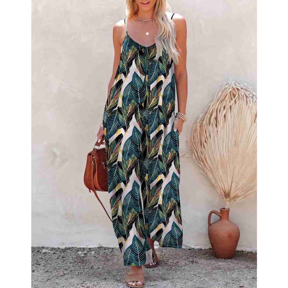 Anrabess Spaghetti Strap Wide Leg Tropical Print Jumpsuit Sz Large